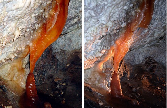 Before and After shot of a broken cave formation.  The formation bit was stolen while on a cave tour.